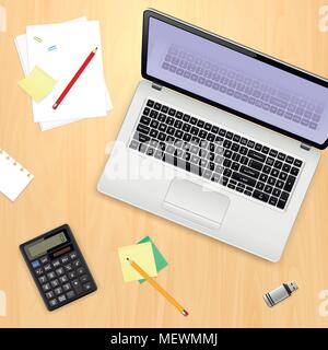 Laptop, Taschenrechner, Bleistift, Flash-Laufwerk, Haftnotizen und Papier auf Holz- Hintergrund. Ansicht von oben. Vector Illustration. Stock Vektor