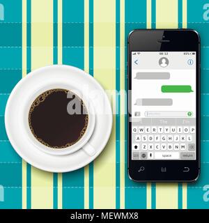 Smartphone und Kaffee Tasse. Soziales Netzwerk Konzept. Chatten und SMS/MMS-Konzept. Vector Illustration. Stock Vektor