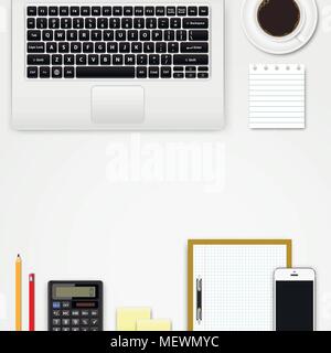 Arbeitsbereich der Ansicht von oben. Mobile Geräte und Bürobedarf auf Arbeitsplatz, Schreibtisch mit kopieren. Vector Illustration. Stock Vektor