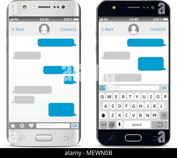 Schwarze und weiße Smartphones mit Messaging SMS-App. Soziales Netzwerk Konzept. Chatten und SMS/MMS-Konzept. Vector Illustration. Stock Vektor