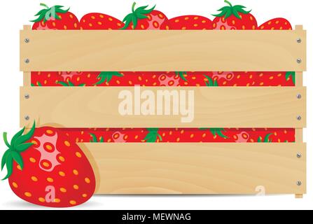 Süße Erdbeeren im Holzkasten isoliert auf weißem Hintergrund. Vector Illustration. Stock Vektor