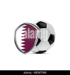 Qatar National Flagge Schild mit einem Fußball. 3D-Rendering Stockfoto