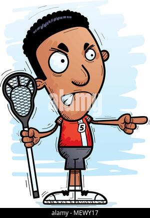 Ein Cartoon Illustration eines schwarzen Mannes lacrosse Spieler, wütend und zeigen. Stock Vektor