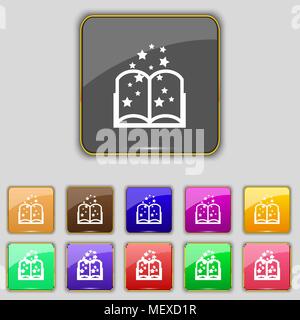 Magic zeichen Symbol. Symbol BUCH ÖFFNEN. Satz von farbigen Tasten. Vector Illustration Stock Vektor