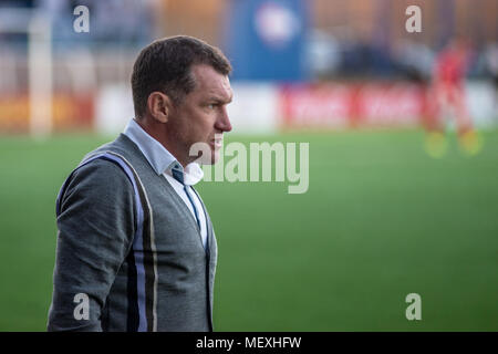 MINSK, Weißrussland - April 7, 2018: Sergei Gurenko, Cheftrainer des FC Dynamo Minsk Reagieren während der BELARUSSISCHE Premier League football Match zwischen dem FC Dynamo Minsk und FC Isloch am FC Minsker Stadion. Stockfoto