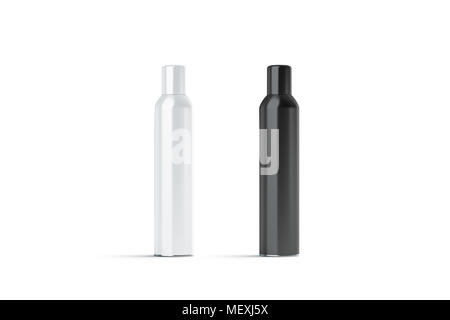 Leere weiße und schwarze geschlossen Haarspray Flasche Mockup, 3D-Rendering. Leere deodorant Mock up isoliert. Klar Edelstahl Behälter Vorlage Stockfoto