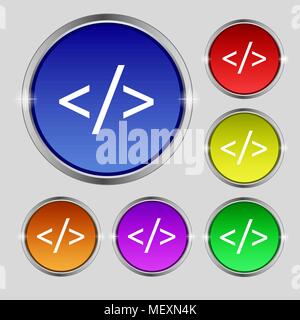 Code Zeichen Symbol. Programmiersprache Symbol. Satz von farbigen Tasten. Vector Illustration Stock Vektor