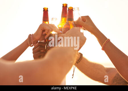 Freunde klirren Bierflaschen im Sonnenlicht Stockfoto