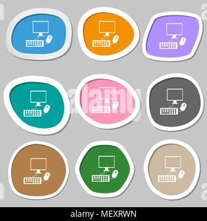 Computer widescreen Monitor, Tastatur, Maus zeichen Symbol. Mehrfarbige Aufkleber aus Papier. Vector Illustration Stock Vektor