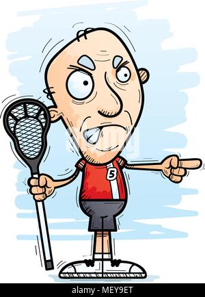 Ein Cartoon Illustration eines älteren Bürgers Mann lacrosse Spieler, wütend und zeigen. Stock Vektor