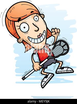 Ein Cartoon Illustration einer Frau lacrosse Spieler springen. Stock Vektor