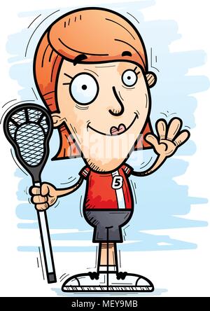 Ein Cartoon Illustration einer Frau lacrosse Spieler winken. Stock Vektor