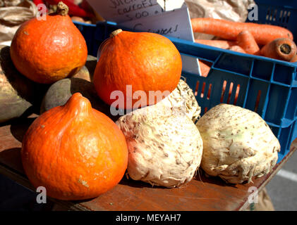 Kürbisse und Knollensellerie, Teil einer frisches Gemüse Anzeige auf Verkauf zu einem wöchentlichen Markt oder Farmers Market. Skibbereen, Irland zu einem beliebten Markt. Stockfoto