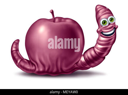 Lustig worm und Apple als ein Tier Charakter essen eine Frucht ganze Als überessen oder Adipositas humor Bildung Symbol mit 3D-Illustration Elemente. Stockfoto