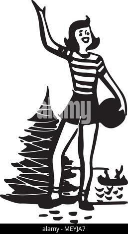 Mädchen mit Ball Winken - Retro Clipart Illustration Stock Vektor