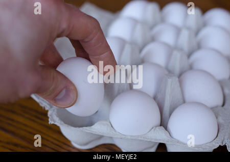 Ein Ei unter einer Gruppe von Eiern, die von einer Hand abgeholt werden Stockfoto