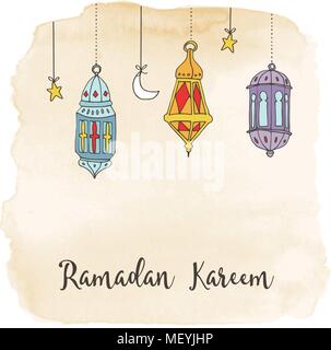 Hand gezeichnet hängenden arabische Laternen, Mond und Sterne Dekoration auf Aquarell Hintergrund. Vector Illustration Hintergrund für die muslimische Gemeinschaft heilige Monat Ramadan Kareem. Stock Vektor