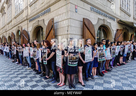 Gegner der supranationalen Starbucks-Kaffeekette protestierten vor dem Café in Malostranske Namesti, Mala Strana, Prag, Tschechische Republik Stockfoto