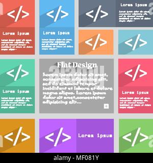 Code Zeichen Symbol. Programmiersprache Symbol. Satz von farbigen Tasten. Vector Illustration Stock Vektor