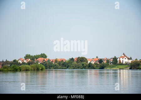 Anzeigen Landschaft Neckar und Stadtbild von Ladenburg Stadt aus der Fähre zwischen Kreuzung Neckar klicken Sie auf Mannheim City in Ladenburg, Deutschland Stockfoto