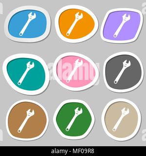 Schraubenschlüsselsymbol Symbole. Mehrfarbige Aufkleber aus Papier. Vector Illustration Stock Vektor