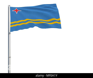 Isolieren Flagge von Aruba auf einen Fahnenmast im Wind flattern auf einem weißen Hintergrund, 3D-Rendering Stockfoto