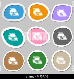 Cash Maschine registrieren Symbol Symbole. Mehrfarbige Aufkleber aus Papier. Vector Illustration Stock Vektor