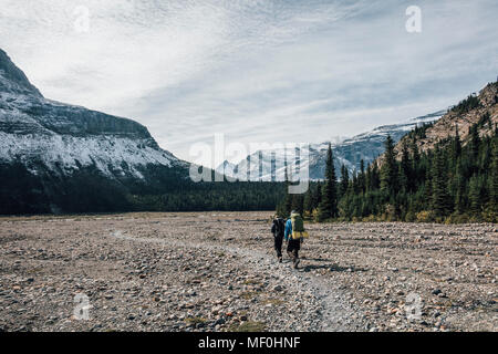 Kanada, British Columbia, Mount Robson Provincial Park, zwei Männer wandern auf Berg Lake Trail Stockfoto