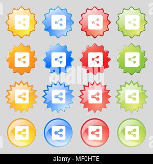 Symbol "Freigeben" unterzeichnen. Set aus 14 farbigen Glas Tasten mit Platz für Text. Vector Illustration Stock Vektor