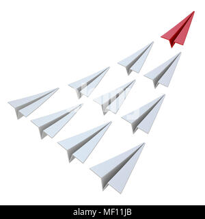 Red Paper Plane leader 3D Rendering Illustration auf weißem Hintergrund Stockfoto