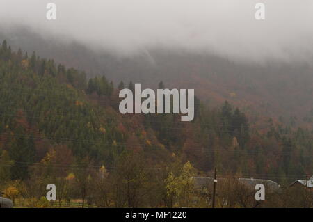 Der Nebel fiel auf die Spitze des Berges Stockfoto