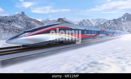 Peking, China. 24 Apr, 2018. Foto zeigt Design Rendering einer künftigen Olympischen Bullet Zug von der Chinesischen Akademie der Wissenschaften Co., Ltd in Peking, der Hauptstadt von China, 23. April 2018 veröffentlicht. China wird die Prüfung von Hochgeschwindigkeitszügen, das auf einer neuen Strecke zwischen Peking und Zhangjiakou, Co-Gastgeber der Olympischen Winterspiele 2022 laufen wird, in der ersten Hälfte von 2019. Ein Prototyp der Züge werden hergestellt und bis Ende des Jahres zusammengestellt werden. Quelle: Xinhua/Alamy leben Nachrichten Stockfoto