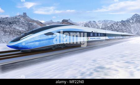 Peking, China. 24 Apr, 2018. Foto zeigt Design Rendering einer künftigen Olympischen Bullet Zug von der Chinesischen Akademie der Wissenschaften Co., Ltd in Peking, der Hauptstadt von China, 23. April 2018 veröffentlicht. China wird die Prüfung von Hochgeschwindigkeitszügen, das auf einer neuen Strecke zwischen Peking und Zhangjiakou, Co-Gastgeber der Olympischen Winterspiele 2022 laufen wird, in der ersten Hälfte von 2019. Ein Prototyp der Züge werden hergestellt und bis Ende des Jahres zusammengestellt werden. Quelle: Xinhua/Alamy leben Nachrichten Stockfoto