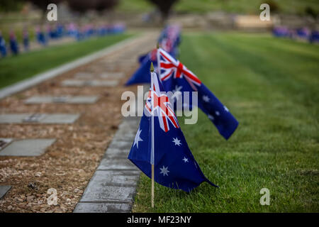 Ballarat, Victoria, Australien. 24 Apr, 2018. Schülerinnen und Schüler aus MacArthur Street und Pleasant Street Grundschulen in Ballarat Victoria nahm sich die Zeit, Flaggen auf den Gräbern im Ballarat Alten Friedhof zu pflanzen. Über beide von Ballarat Friedhöfe, mehr als 1300 Gräber werden so markiert werden, wenn die Dämmerung bricht am Anzac Day die Flags werden an die Gräber der jeden Ersten Weltkrieg Soldat bekannt zu vergraben oder es gedacht werden flattern. Credit: Brett Keating/Alamy leben Nachrichten Stockfoto