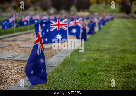 Ballarat, Victoria, Australien. 24 Apr, 2018. Schülerinnen und Schüler aus MacArthur Street und Pleasant Street Grundschulen in Ballarat Victoria nahm sich die Zeit, Flaggen auf den Gräbern im Ballarat Alten Friedhof zu pflanzen. Über beide von Ballarat Friedhöfe, mehr als 1300 Gräber werden so markiert werden, wenn die Dämmerung bricht am Anzac Day die Flags werden an die Gräber der jeden Ersten Weltkrieg Soldat bekannt zu vergraben oder es gedacht werden flattern. Credit: Brett Keating/Alamy leben Nachrichten Stockfoto