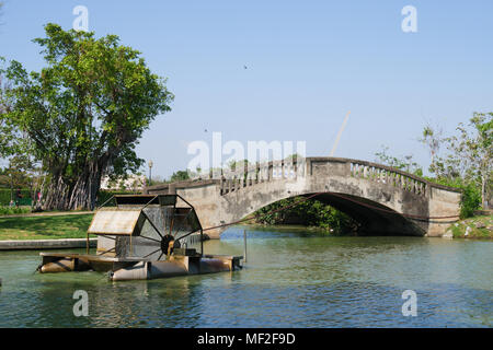 Turbine rotierende Wasser, Brücke und Baum im Park Stockfoto