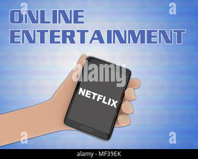 3D-Darstellung von NETFLIX Skript auf dem Bildschirm eines cellulr Telefon von Hand gehalten, auf blauen Gradienten isoliert, mit dem Skript ONLINE ENTERTAINMENT auf Th Stockfoto
