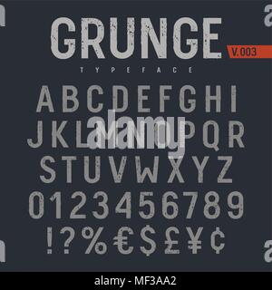 Grunge texturierte Fonts. Grobe Stempel strukturierte Schriftbild. Lateinische Buchstaben und Zahlen. Stock Vektor