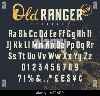 Vintage vektor Alphabet im westlichen Stil. Wild West Font. Großbuchstaben, Kleinbuchstaben und Zahlen. Grunge Hintergrund auf einem separaten Layer Stock Vektor