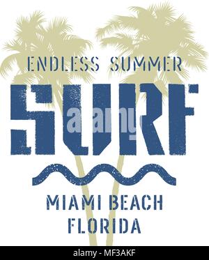 Surfen Artwork. Miami Beach, Florida t-shirt Bekleidung Grafik Design. Vintage Graphic Tee Stock Vektor