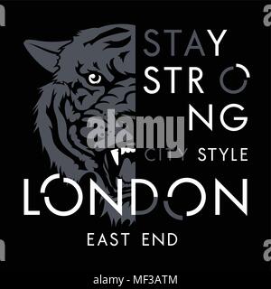 Tiger t-shirt Design. London City Typografie. T-Grafik. Vector Illustration Stock Vektor