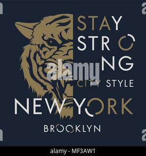 Tiger t-shirt Design. New York City Typografie. T-Grafik. Vector Illustration Stock Vektor