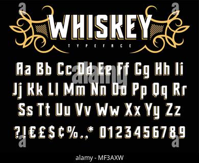 Vektor Alphabet im Vintage Style. Alten whiskey Schrift Beschriftung. Großbuchstaben, Kleinbuchstaben und Zahlen Stock Vektor