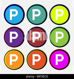 Parken Icon Anmelden. Neun bunten runde Tasten. Vector Illustration Stock Vektor