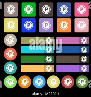 Parkplatz Symbol unterzeichnen. Set aus 27 bunten flache Schaltflächen. Vector Illustration Stock Vektor