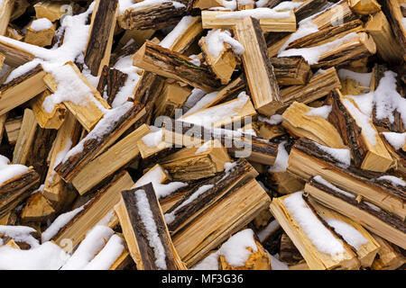 Hintergrund - ein unordentlicher Haufen gehackt Protokolle leicht bedeckt mit Gefallenen und Schneeschmelze Stockfoto