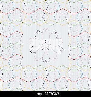 Traditionelle japanische Stickerei Verzierung mit Sakura Blume. Bunte Sashiko Motiv - Sieben Schätze des Buddha (Shippo). Abstract vector Kulisse. Ne Stock Vektor
