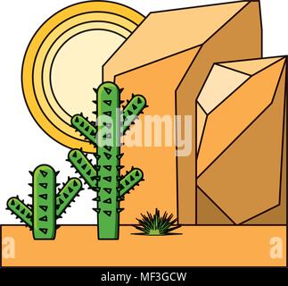 Abstrakte Landschaft der Wüste mit felsigen Bergen und Kakteen Symbol auf weißem Hintergrund, farbenfrohen Design. Vector Illustration Stock Vektor