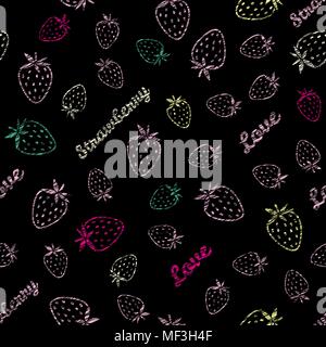 Nahtlose Muster mit Zerkratzt Erdbeeren. Sommer Ernte. Abstrakte Erdbeere Textur, endlose berry Hintergrund. Obst Ornament mit Typografie. D Stock Vektor