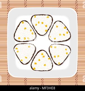 Zuckermais onigiri. Japanische Küche. Dreieck Reisbällchen aufgewickelt mit Nori Algen. Abbildung. Mittagessen Textur. Asiatische snack Plate auf dem japanischen Ba Stock Vektor